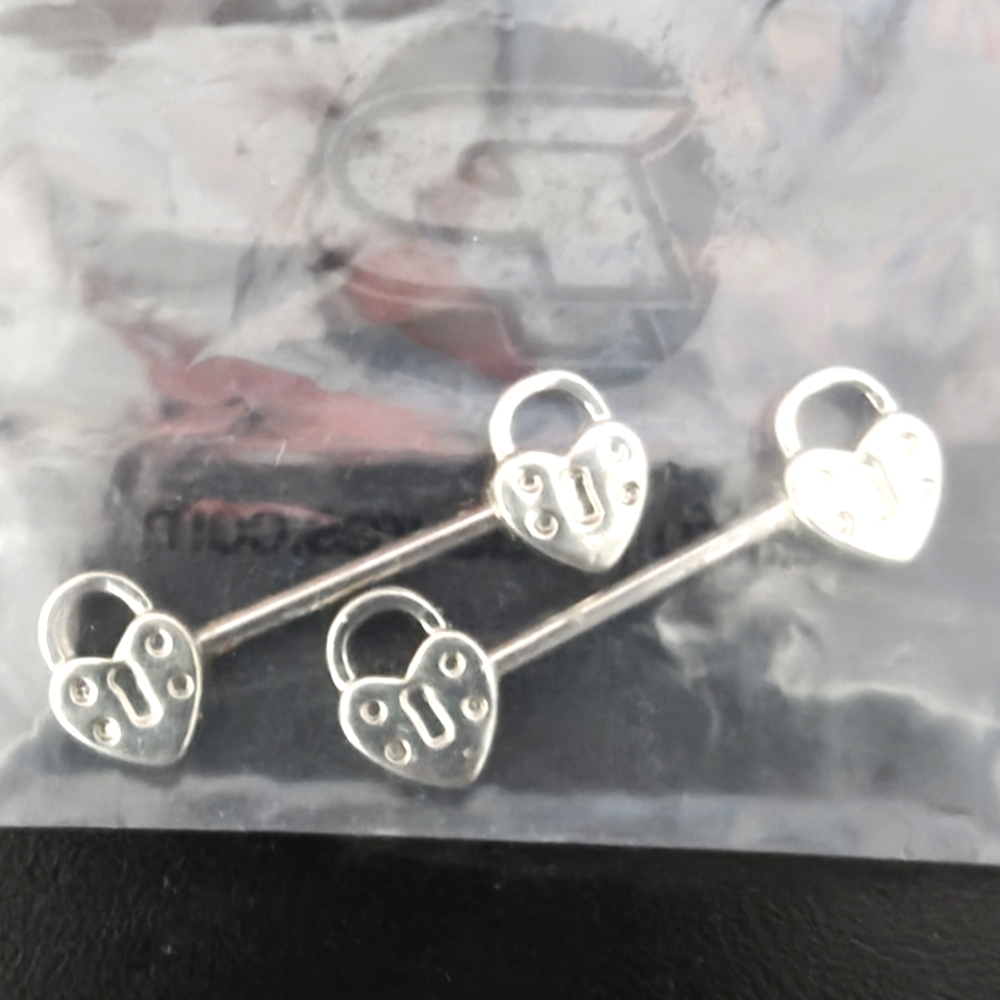 Silver Heart Lock 14G Nipple Rings